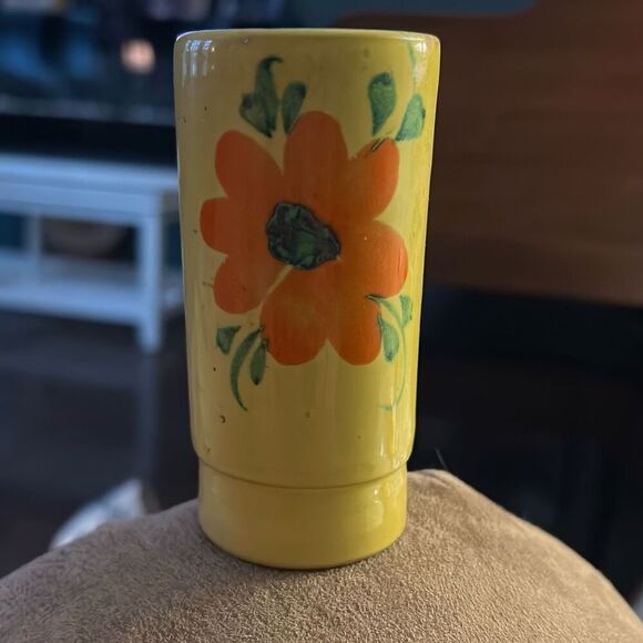 Vintage 4” Cylinder Vase Bright Yellow with Orange Flower. - Picture 1 of 6